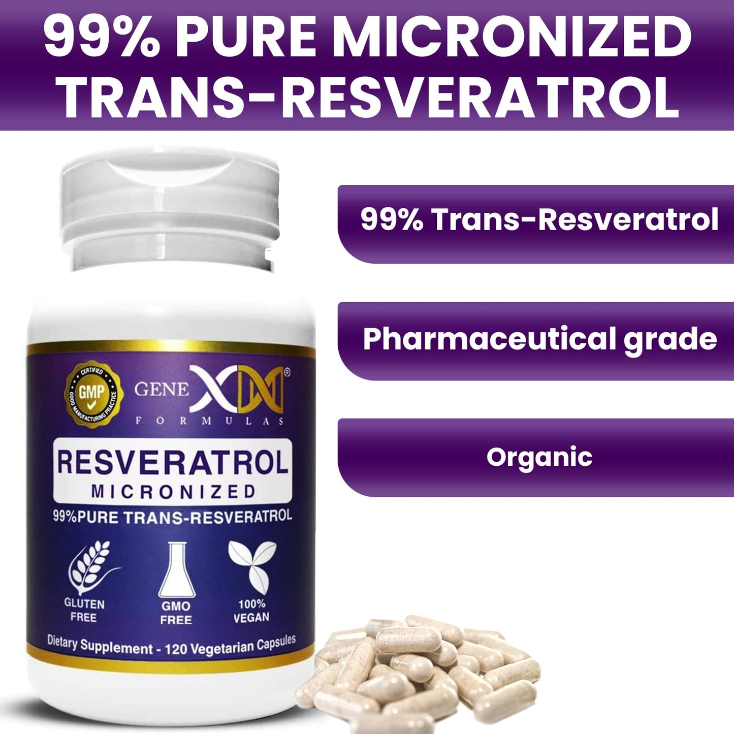 Genex Formulas Trans Resveratrol 1000mg – 120ct (4x250mg) Micronized with Bioperine | GMP & NSF Certified
