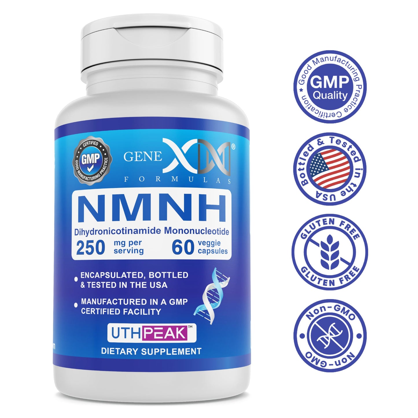 Genex Formulas 250mg NMNH (60 Capsules - 30 Servings) | Uthpeak™ NMNH (Dihydronicotinamide Mononucleotide) NAD+ Precursor for Healthy Aging - Non-GMO, Gluten-Free, Vegetarian