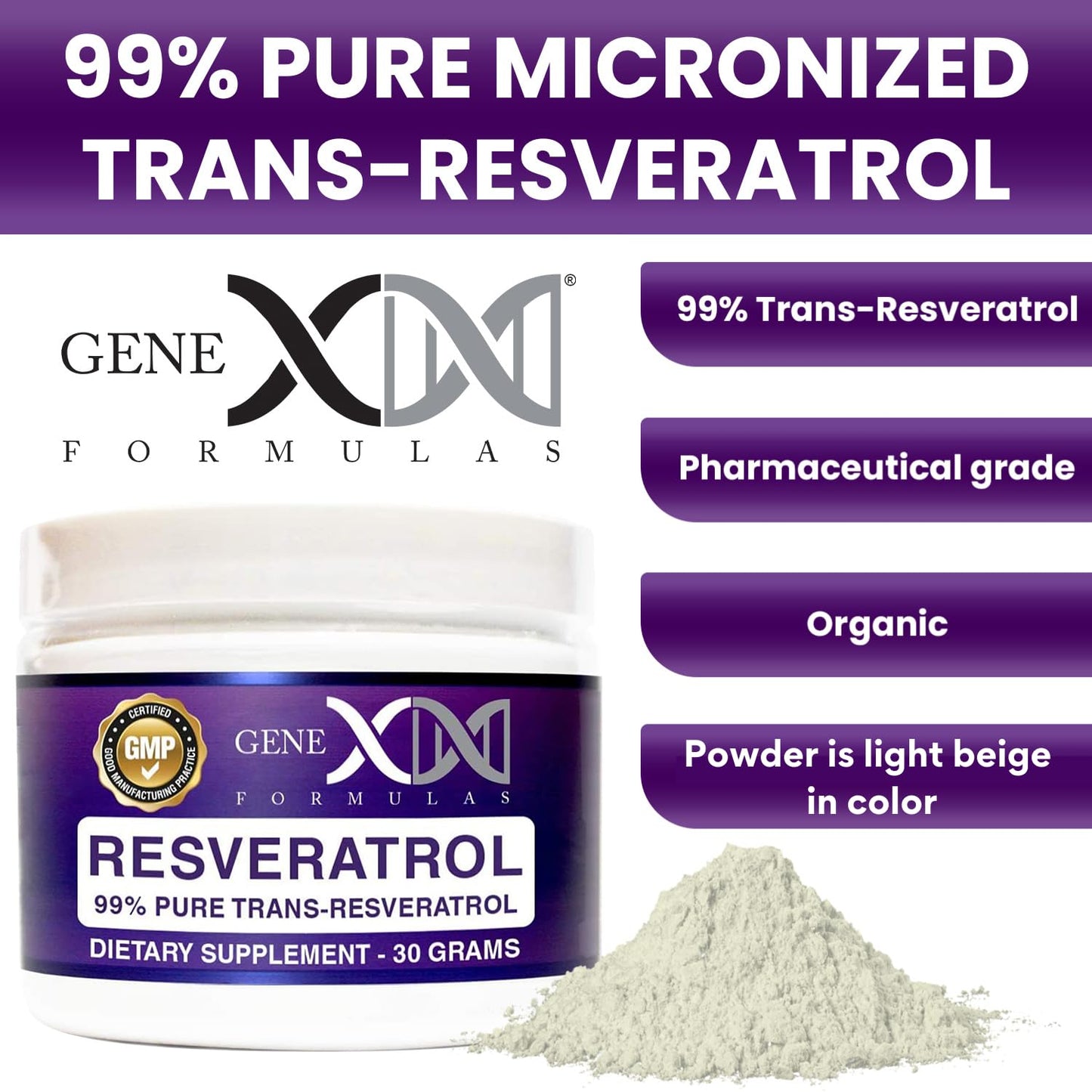 GENEX Trans-Resveratrol 1000mg Powder | 30-Serving Micronized, 99% Pure, GMP & NSF Certified