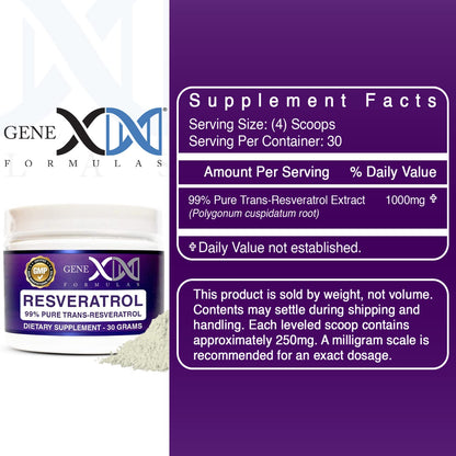 GENEX Trans-Resveratrol 1000mg Powder | 30-Serving Micronized, 99% Pure, GMP & NSF Certified