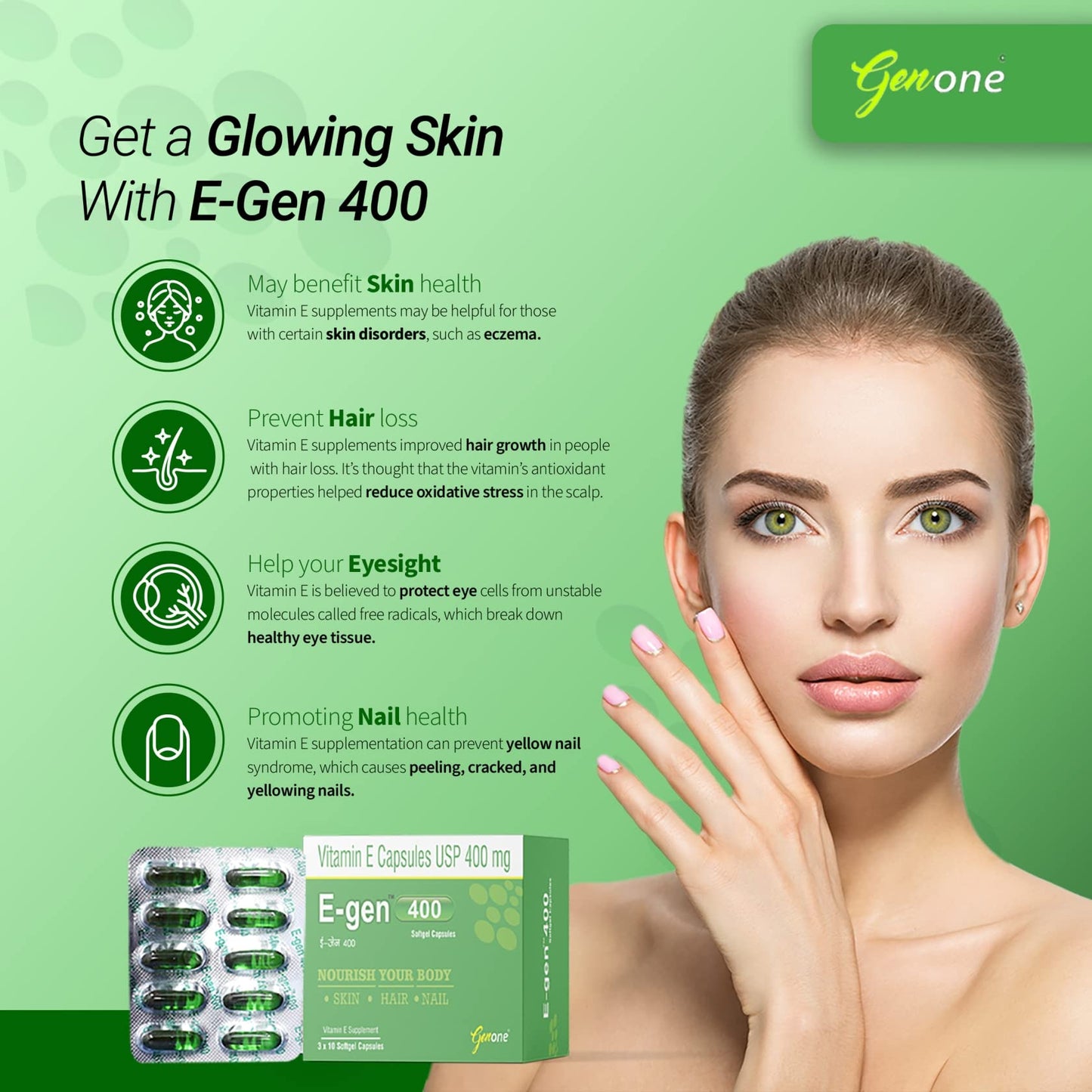 Genone E-Gen 400 Vitamin E Capsules – Glowing Skin & Hair Nutrition (30 Capsules)