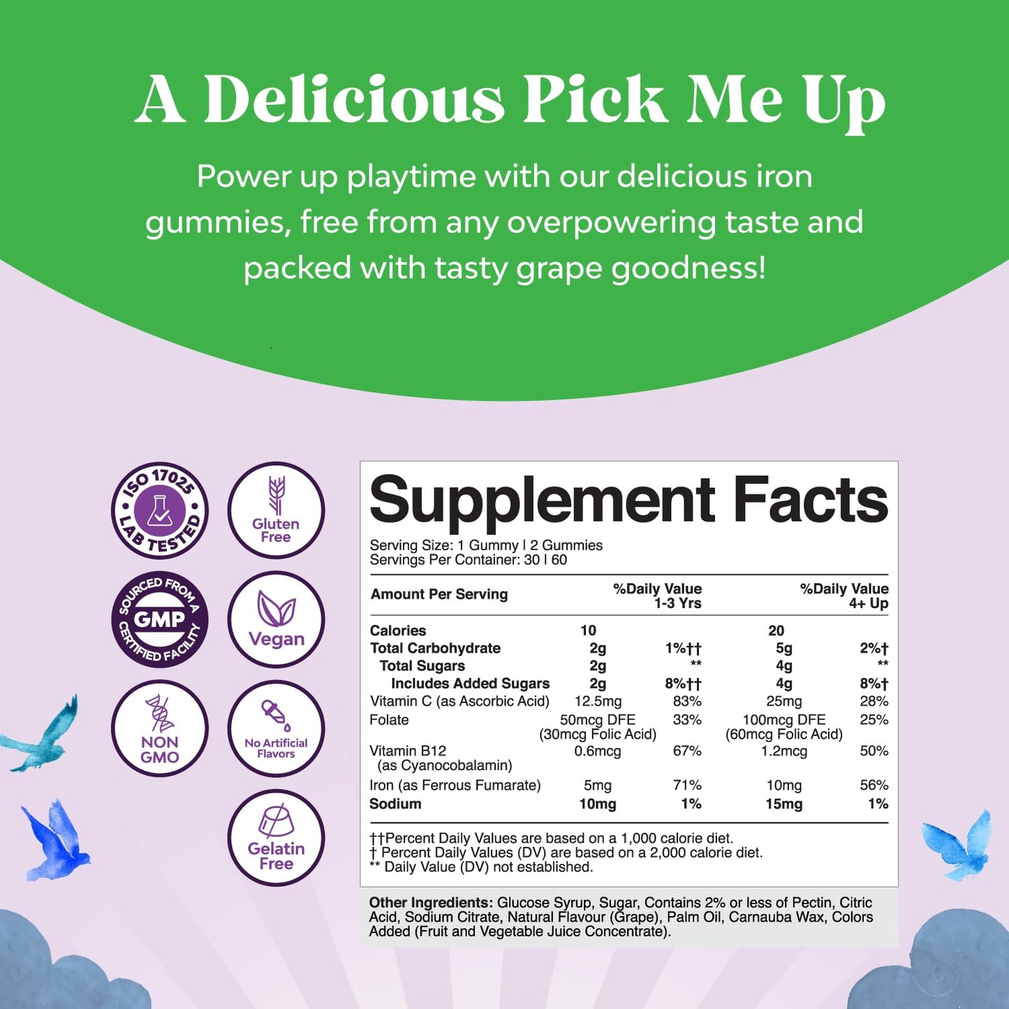 Kids Iron Gummies - Gentle Iron Supplement for Immunity & Energy (60 Count) | Vegan, Gluten Free