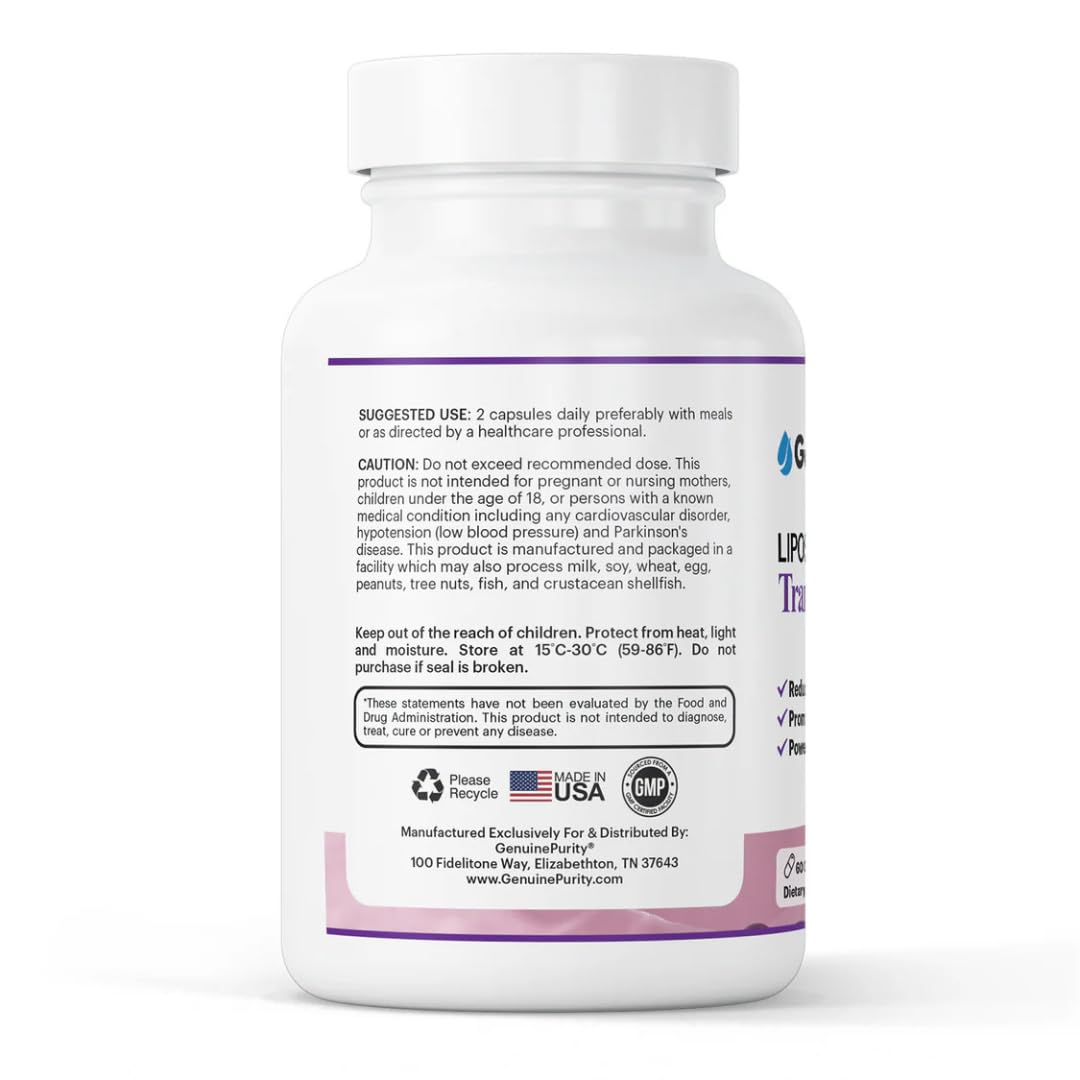 GenuinePurity Liposomal Trans-Resveratrol 500mg | Activates Sirtuins | Vegan, Gluten Free | USA Made | 60 Capsules