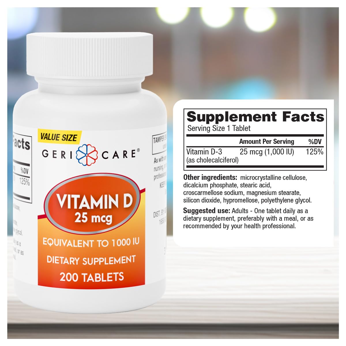 GeriCare Vitamin D-3 25 mcg (1000 IU) – Supports Strong Bones, Immune Health & Mood – 200 Tablets