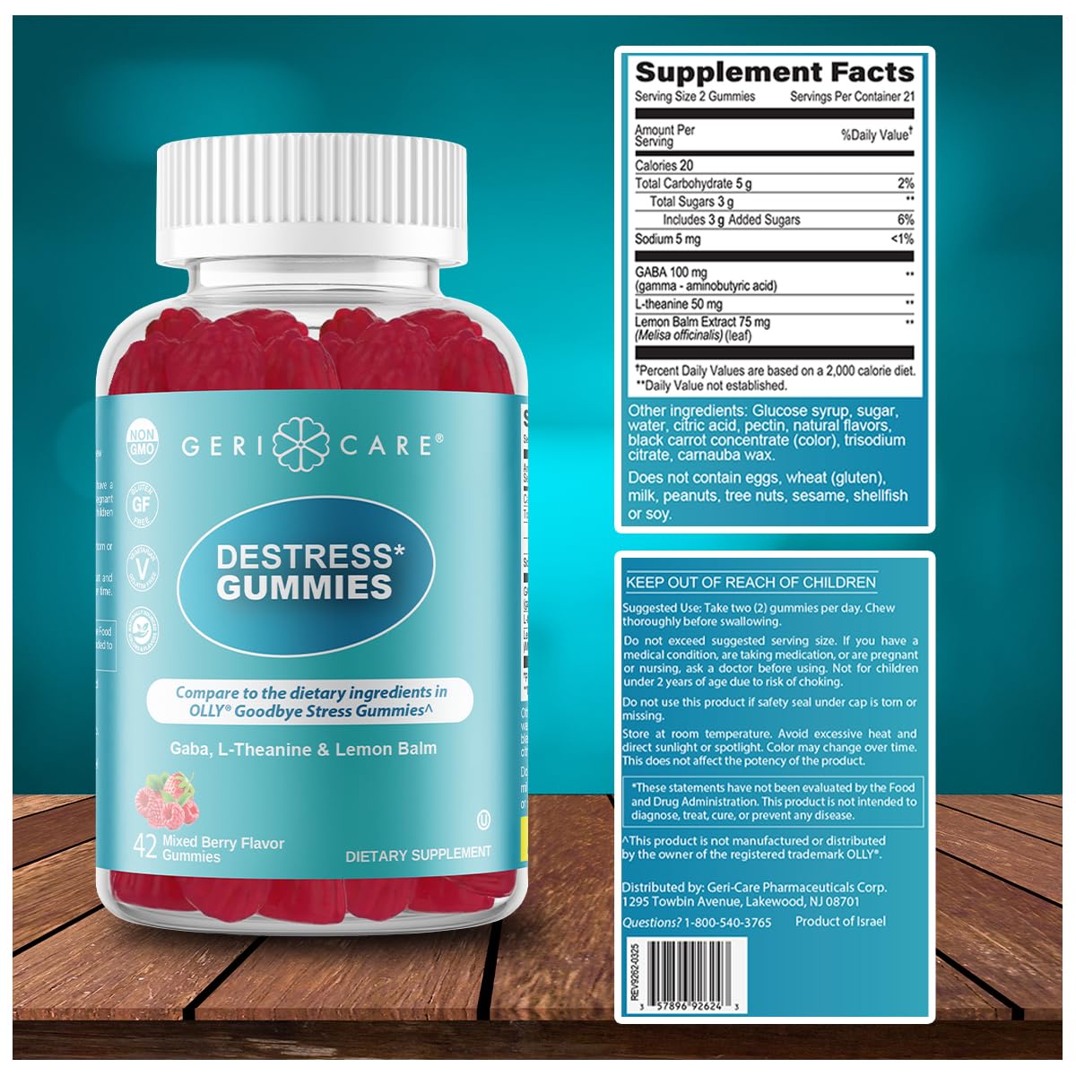 GeriCare DeStress Gummies – GABA, L-Theanine & Lemon Balm (Mixed Berry) – 42 Count – Non-GMO, Gluten-Free, Vegan