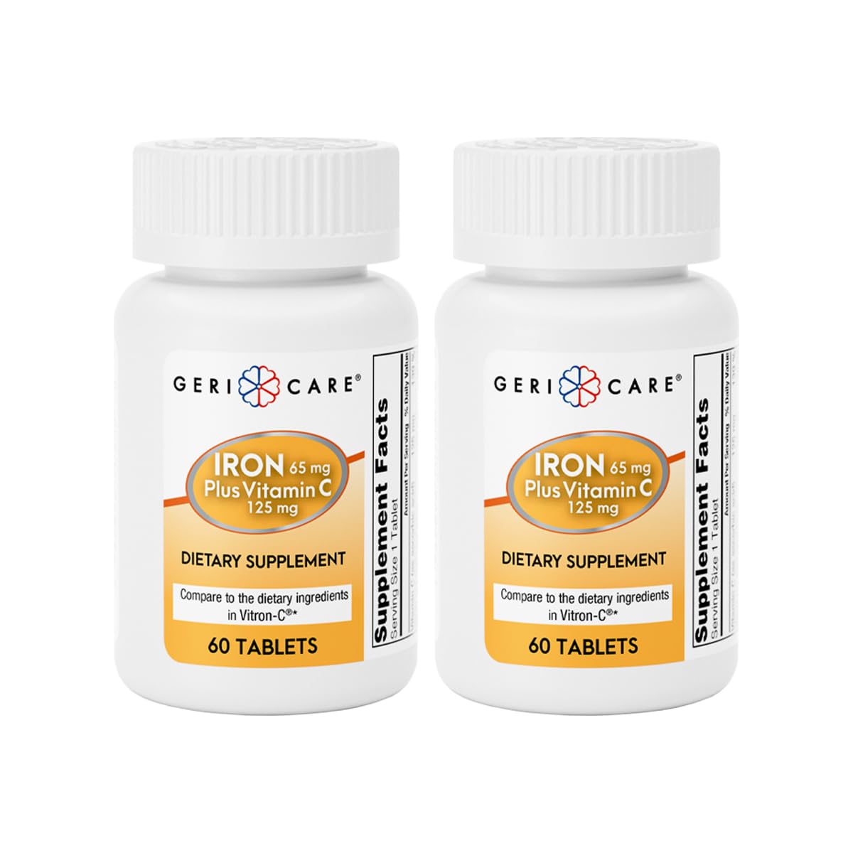 GeriCare Iron 65mg + Vitamin C 125mg Tablets – High-Absorption Iron for Anemia Support (60 Count, 2 Pack)