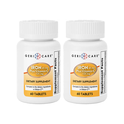 GeriCare Iron 65mg + Vitamin C 125mg Tablets – High-Absorption Iron for Anemia Support (60 Count, 2 Pack)