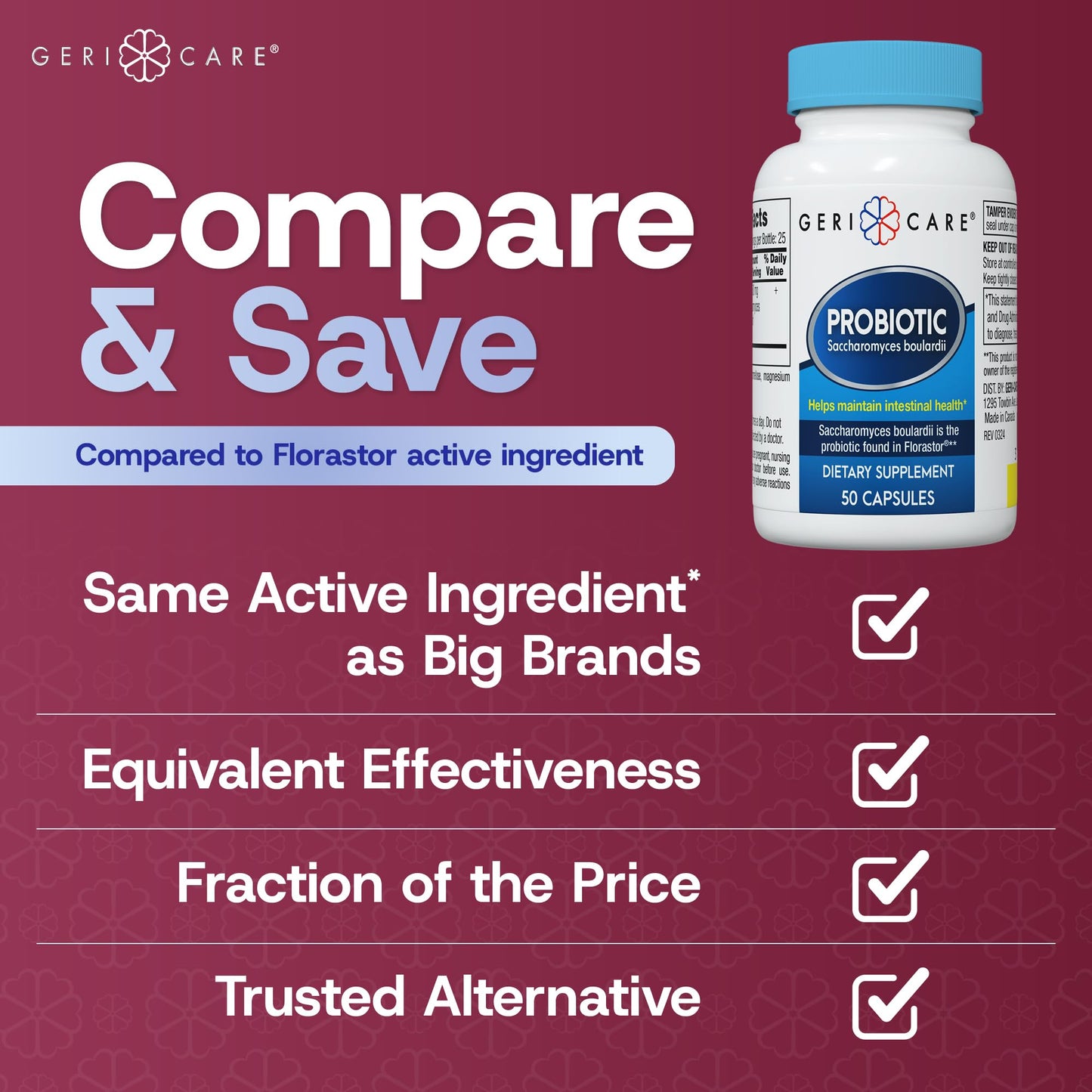 Saccharomyces boulardii Probiotic 500mg for Digestive Health – Women & Men | Compare to Florastor (50 Capsules) – 12 Pack