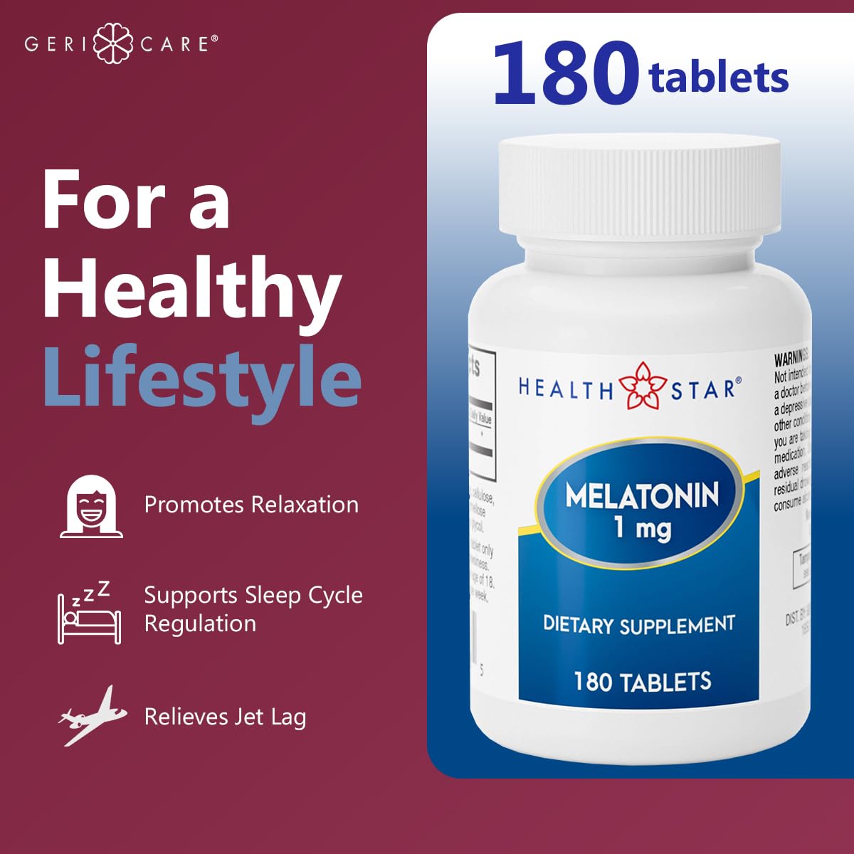 GeriCare Melatonin 1mg Sleep Support – Non-Habit Forming, Jet Lag Relief, 180 Tablets
