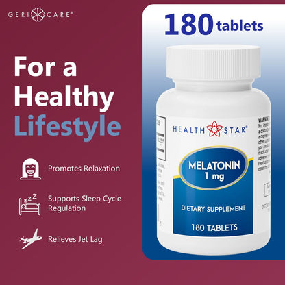 GeriCare Melatonin 1mg Sleep Support – Non-Habit Forming, Jet Lag Relief, 180 Tablets