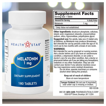 GeriCare Melatonin 1mg Sleep Support – Non-Habit Forming, Jet Lag Relief, 180 Tablets