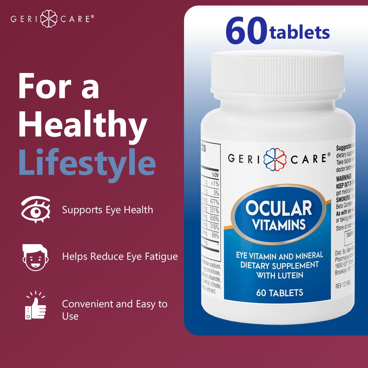 GeriCare Ocular Vitamins with Lutein - Eye Health Supplement 60 Count