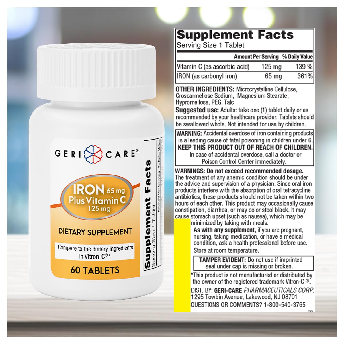 GeriCare Iron 65mg + Vitamin C 125mg Tablets – High-Absorption Iron for Anemia Support (60 Count)