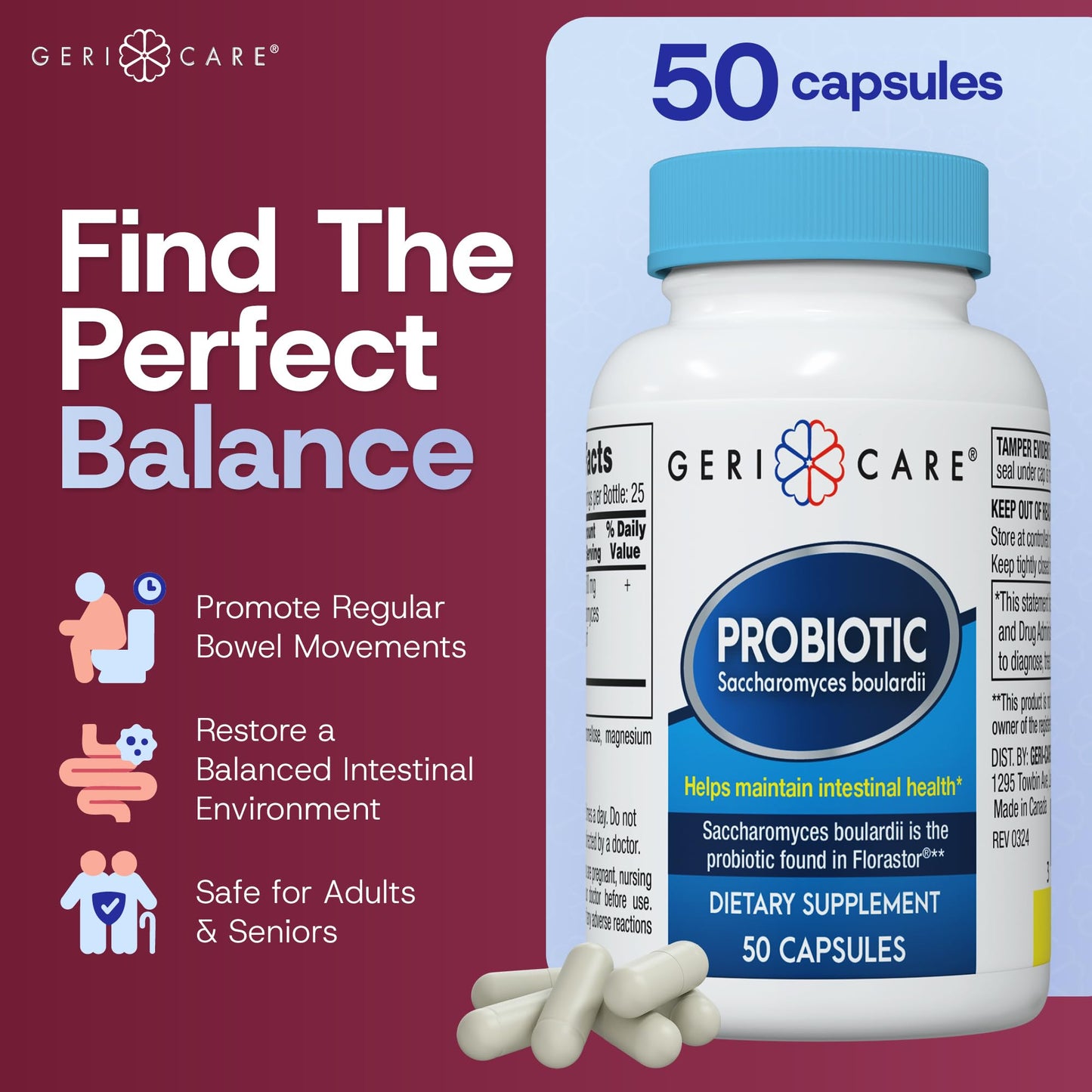GeriCare Saccharomyces boulardii Probiotic 500 mg – Digestive Health for Women & Men | Compare to Florastor (50 Capsules)