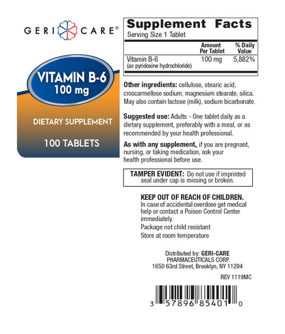 GeriCare Vitamin B-6 100mg, 100 Tablets – Brain Health, Mood & Metabolism Support