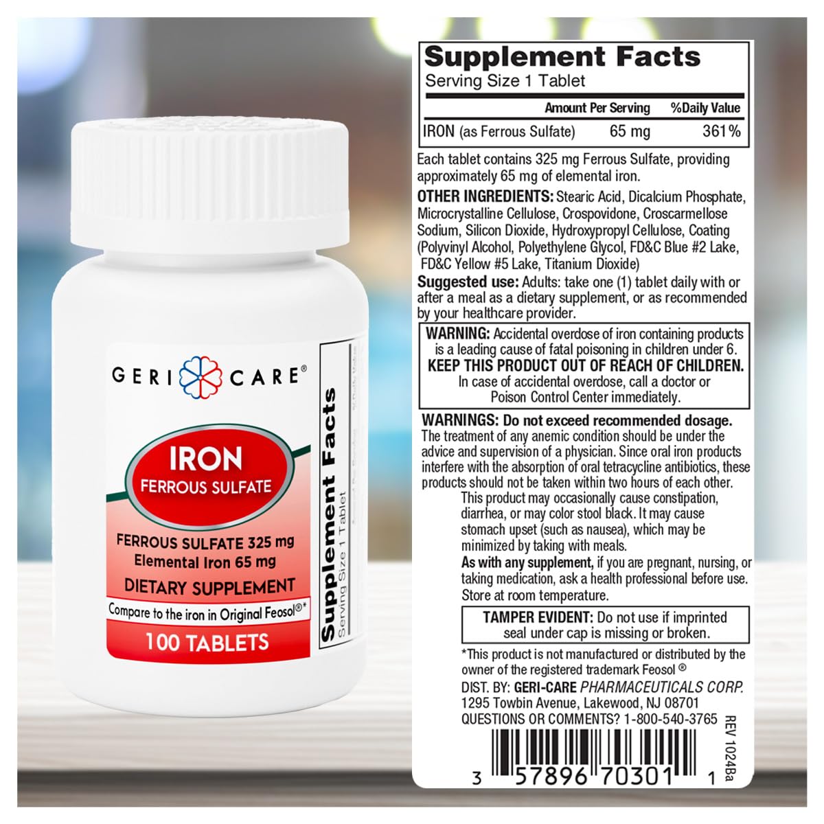GeriCare Ferrous Sulfate 325mg | High Potency Iron Supplement, 100 Count Pack of 2