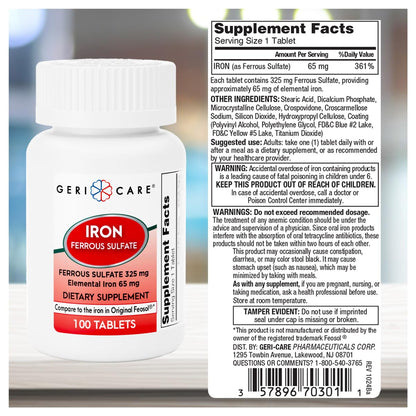 GeriCare Ferrous Sulfate 325mg | High Potency Iron Supplement, 100 Count Pack of 2