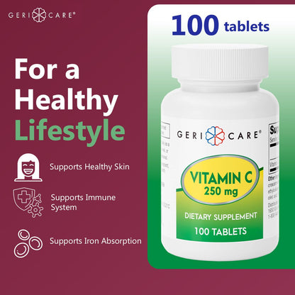 GeriCare Vitamin C 250mg | Immune Support, Antioxidant Protection, Collagen & Iron Absorption | 100 Count