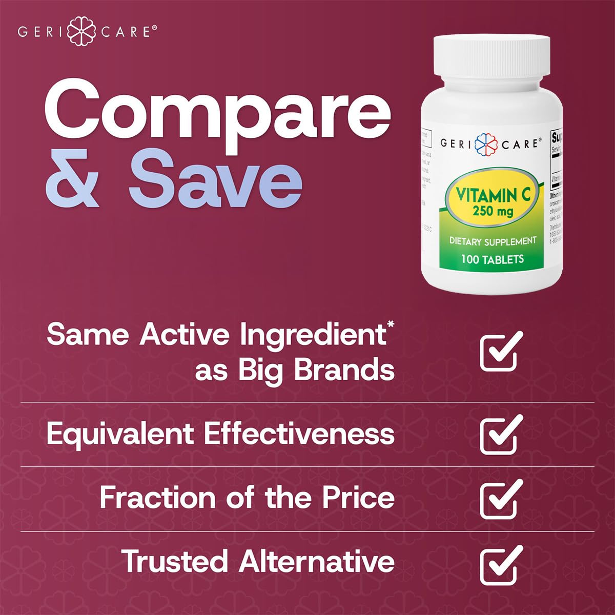 GeriCare Vitamin C 250mg | Immune Support, Antioxidant Protection, Collagen & Iron Absorption | 100 Count