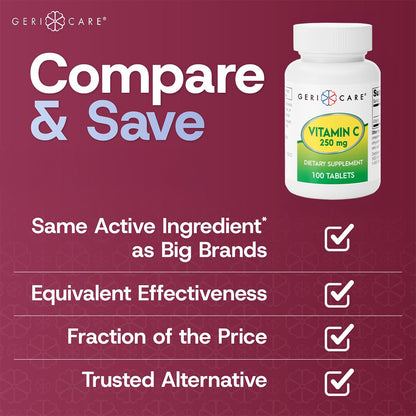 GeriCare Vitamin C 250mg | Immune Support, Antioxidant Protection, Collagen & Iron Absorption | 100 Count