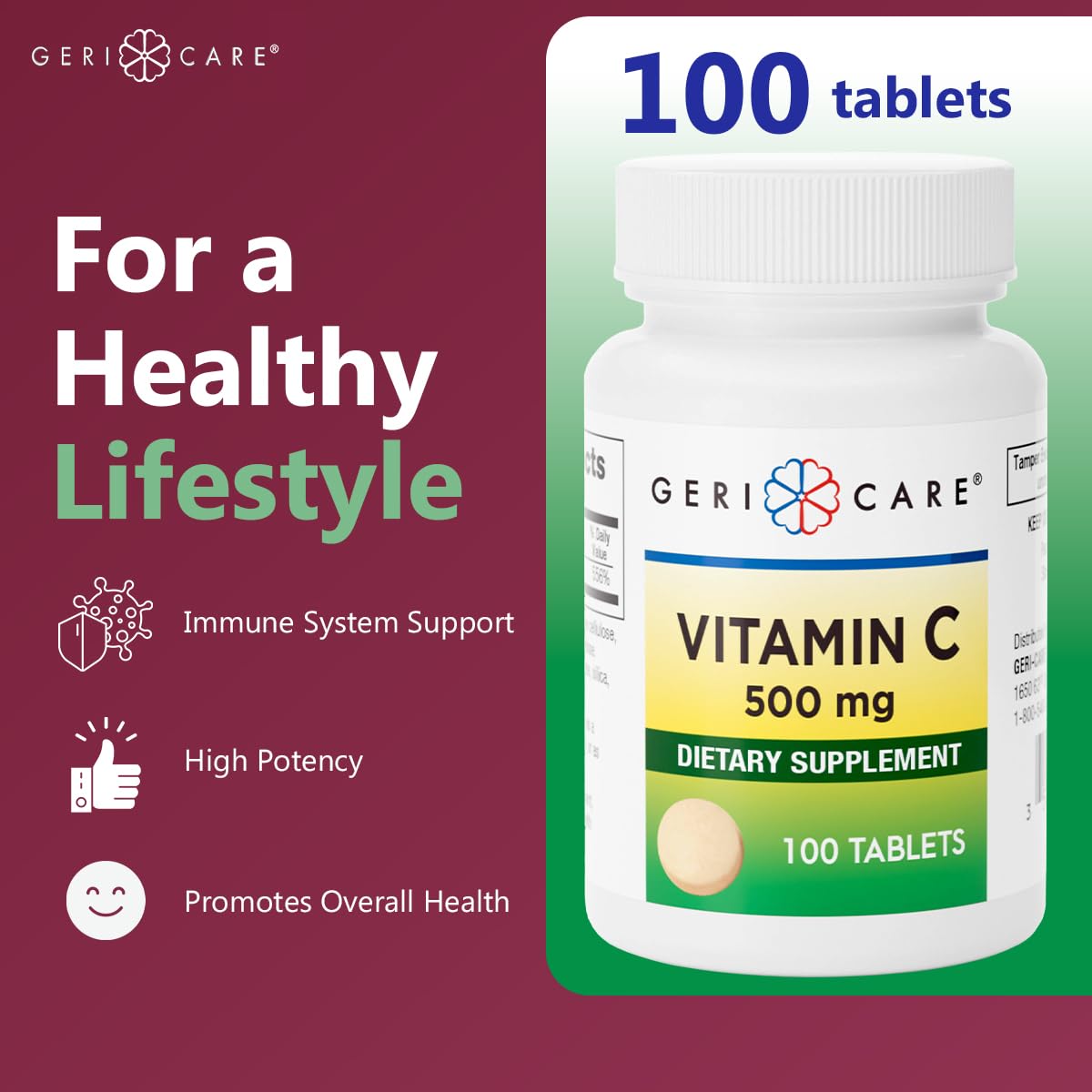GeriCare Vitamin C 500 mg – Immune Support & Antioxidant Tablets, 100 Count