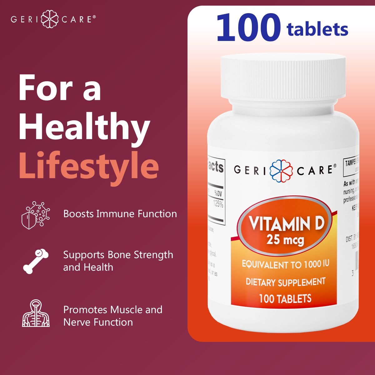 GeriCare Vitamin D 25mcg Tablets – Bone Health & Immune Support (100 Count)