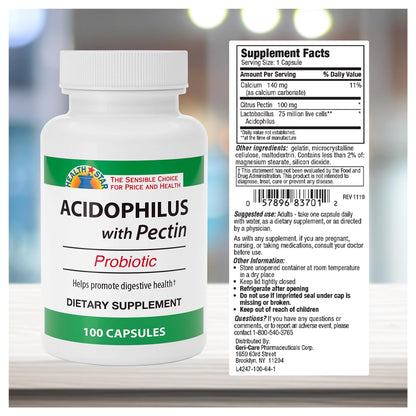 GeriCare Acidophilus with Pectin Probiotic Capsules – Digestive Health, Immunity & Bone Support | 100 Count