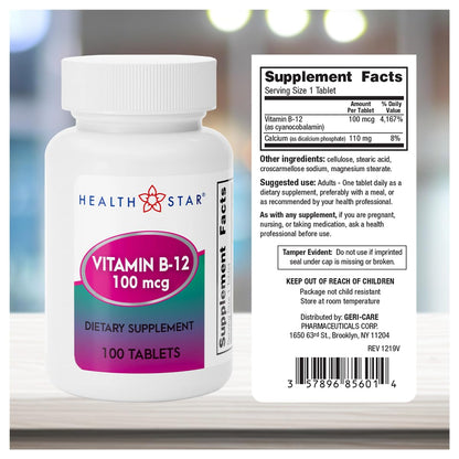GeriCare Vitamin B-12 100mcg Tablets – Energy, Brain & Nervous System Support | 100 Count