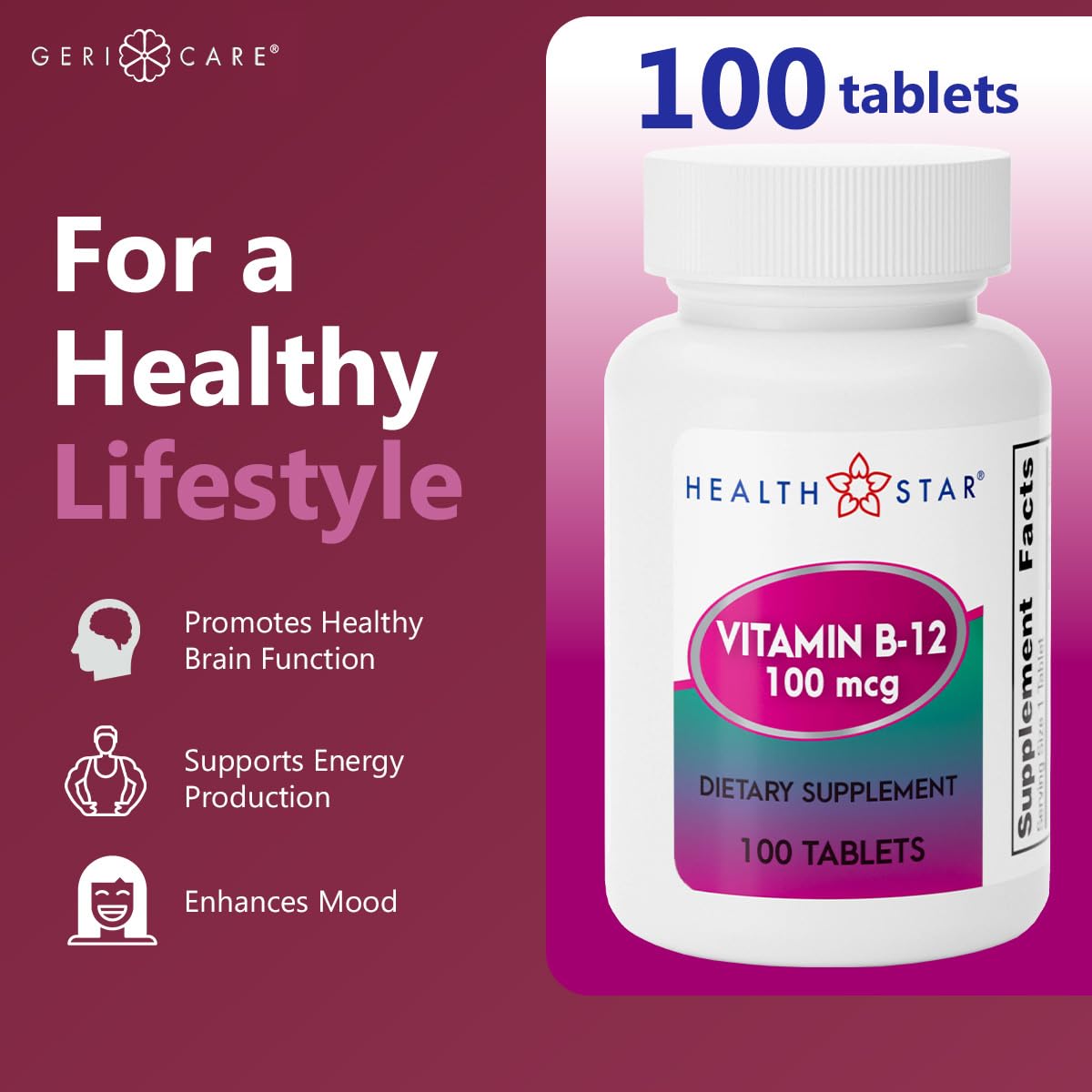 GeriCare Vitamin B-12 100mcg Tablets – Energy, Brain & Nervous System Support | 100 Count