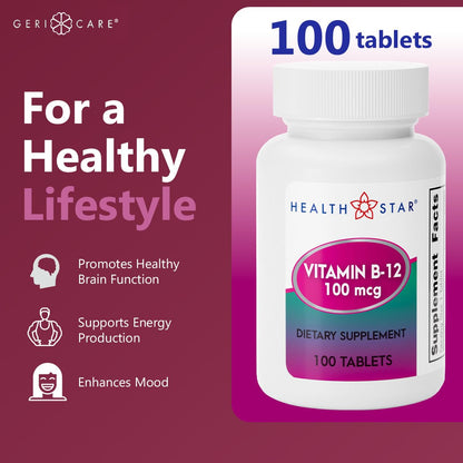 GeriCare Vitamin B-12 100mcg Tablets – Energy, Brain & Nervous System Support | 100 Count