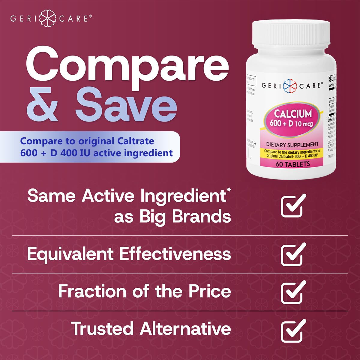 GeriCare Calcium 600mg + Vitamin D3 10mcg | Bone Health Supplement, 60 Count