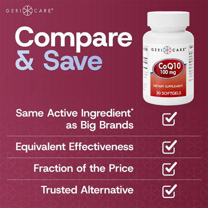 GeriCare CoQ10 100mg – Co-Enzyme Q10 Dietary Supplement, 30 Count