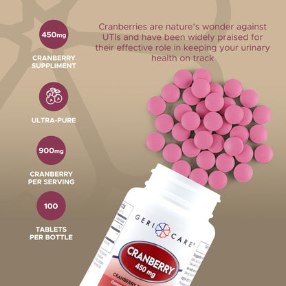 High-Potency Cranberry Supplement By GeriCare- 450mg Pure Cranberry Tablets For Urinary Tract Health- Natural UTI Prevention For Men & Women- GMO, Gluten & Dairy Free Cranberry Concentrate [100 Count]