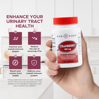 High-Potency Cranberry Supplement By GeriCare- 450mg Pure Cranberry Tablets For Urinary Tract Health- Natural UTI Prevention For Men & Women- GMO, Gluten & Dairy Free Cranberry Concentrate [100 Count]