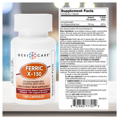 GeriCare Ferric X-150 High Potency Iron — 150 mg Elemental, 100 Count Capsules