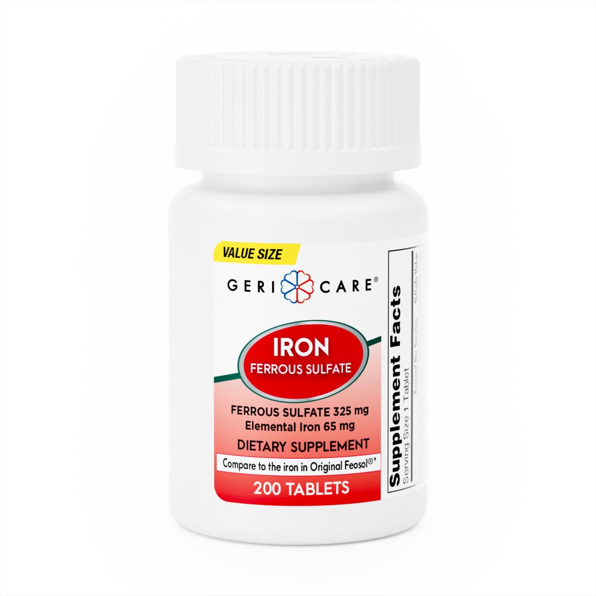 GeriCare Ferrous Sulfate Tablets 325mg | High Potency Iron 65mg – 200 Count