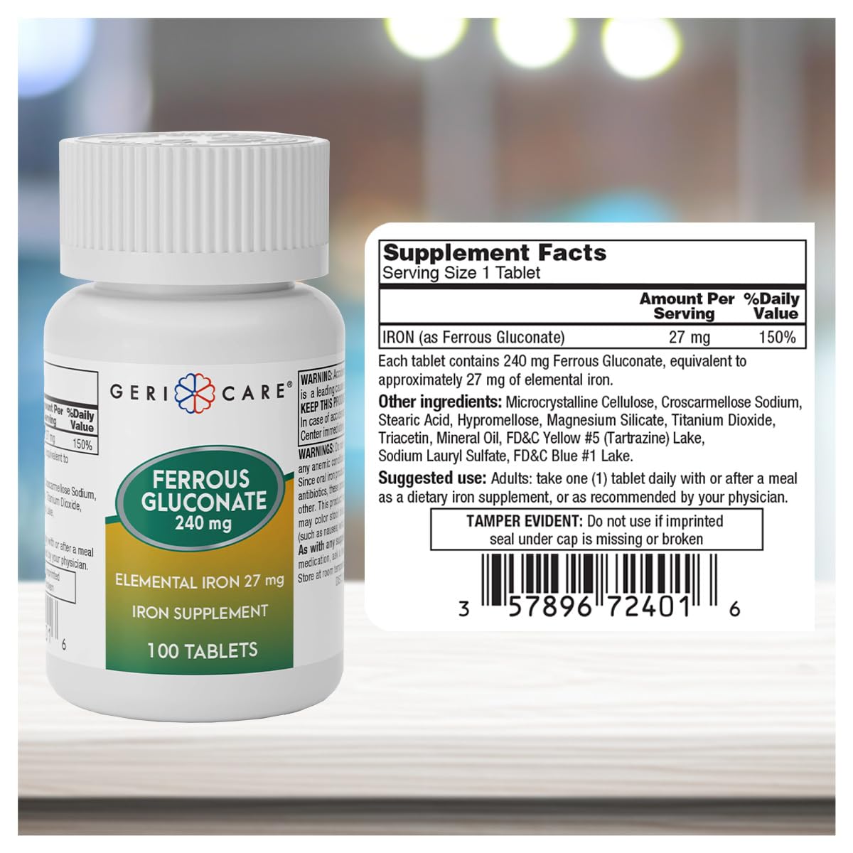 Gericare Iron 27mg Ferrous Gluconate 240mg – Iron & Energy Supplement, 100 Count