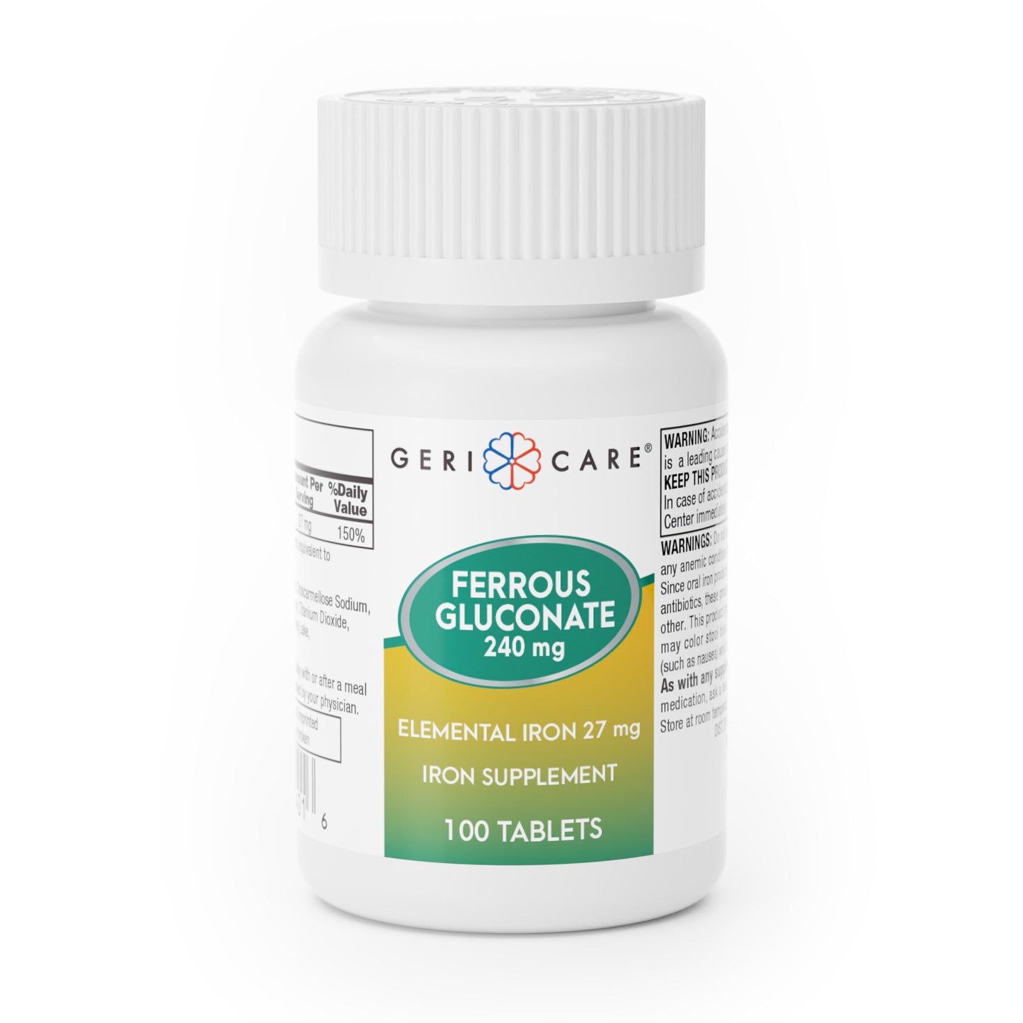 Gericare Iron 27mg Ferrous Gluconate 240mg – Iron & Energy Supplement, 100 Count