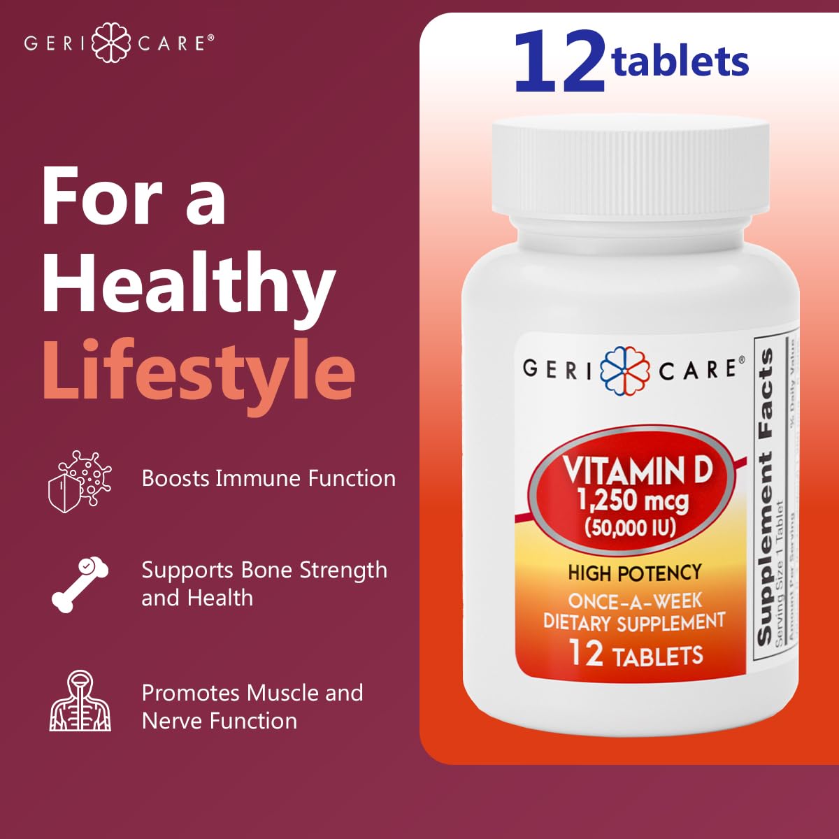GeriCare Vitamin D 1,250 mcg (50,000 IU) Weekly – Supports Bone Density, Immune Function, and Muscle Health | 12 Count