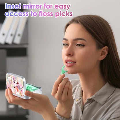 Gerkia Dental Floss Portable Case – Travel Dispenser with Mirror (Pink Flower)