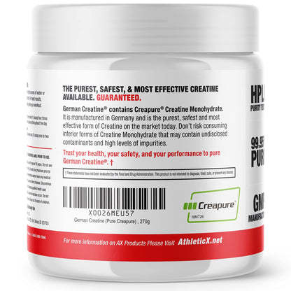 German Creatine Micronized Monohydrate Powder | 99.99% Creapure, Unflavored, 270g (54 Servings) – 3rd-Party Tested