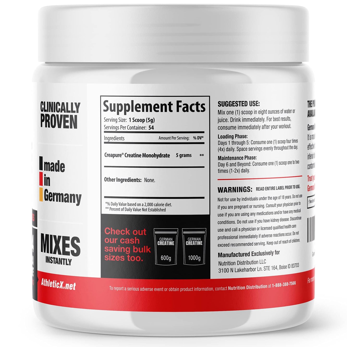 German Creatine Micronized Monohydrate Powder | 99.99% Creapure, Unflavored, 270g (54 Servings) – 3rd-Party Tested