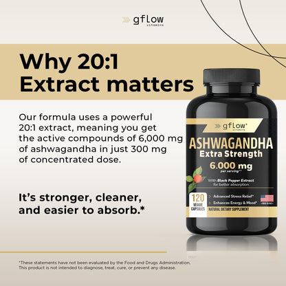 gflow vitamins Ashwagandha 6000mg – Extra Strength, vegan, non-GMO – Made in USA | Sleep, Mood & Energy | Pack of 3
