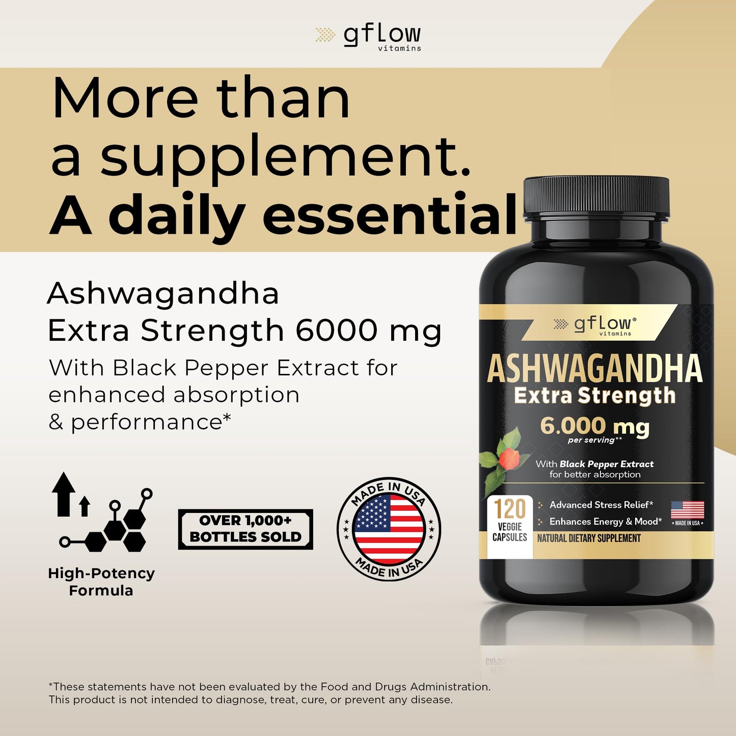 gflow vitamins Ashwagandha 6000mg – Extra Strength, vegan, non-GMO – Made in USA | Sleep, Mood & Energy | Pack of 3