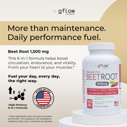 Gflow Beet Root Capsules Organic - Heart Health & Stamina | Non-GMO, 180 Veggie Caps | Made in USA