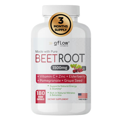 Gflow Beet Root Capsules Organic - Heart Health & Stamina | Non-GMO, 180 Veggie Caps | Made in USA