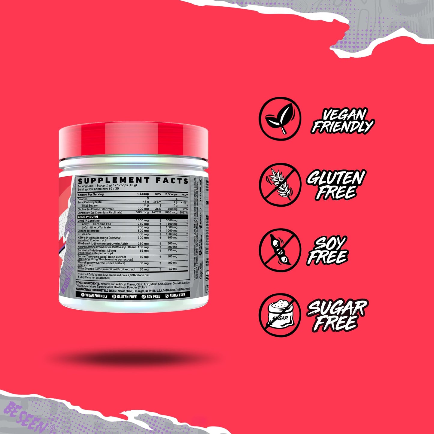 GHOST Burn Weight Management Powder – Kiwi Strawberry (60 Servings) | Vegan, Sugar-Free Energy Support