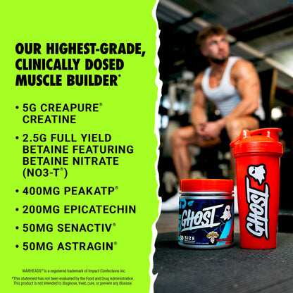 GHOST Size V3 Muscle Builder - Warheads Sour Watermelon, 30 Servings | Creatine, Betaine, Sugar-Free, Gluten-Free