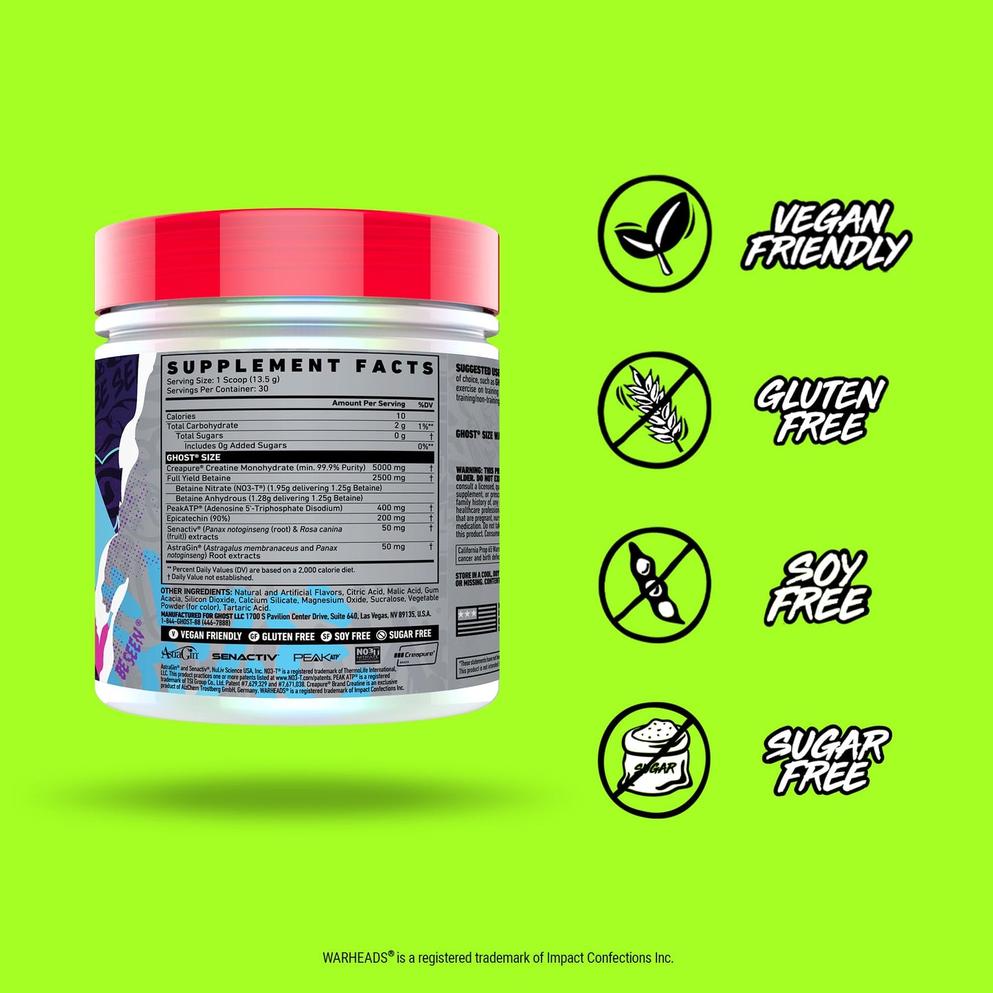 GHOST Size V3 Muscle Builder - Warheads Sour Watermelon, 30 Servings | Creatine, Betaine, Sugar-Free, Gluten-Free