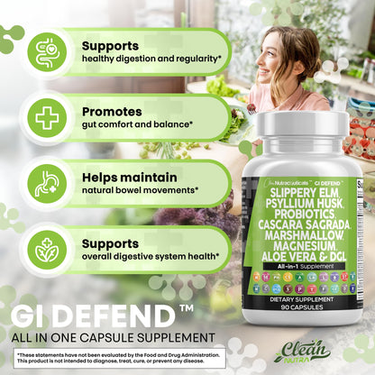 Clean Nutraceuticals GI Defend - All-In-One Digestive Health Supplement with Slippery Elm, Psyllium Husk, Probiotics, Aloe Vera & Herbal Extracts